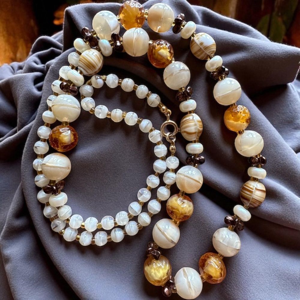 Vintage Molded Glass Long Necklace Brown Topaz Earthy Colors Beads Single Strand